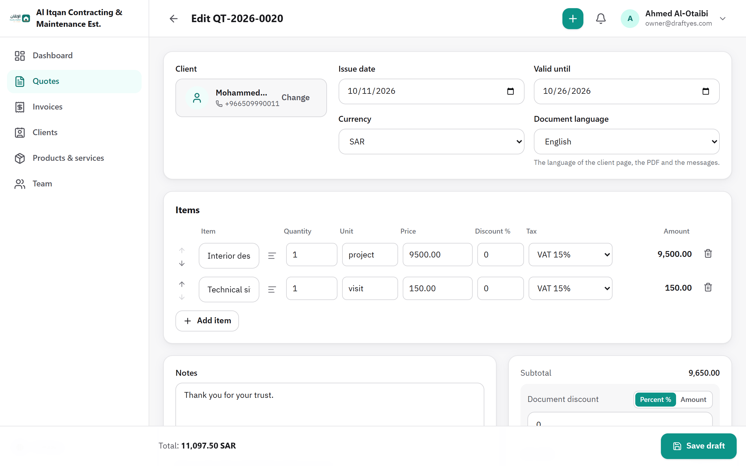 DraftYes screenshot: The quote editor