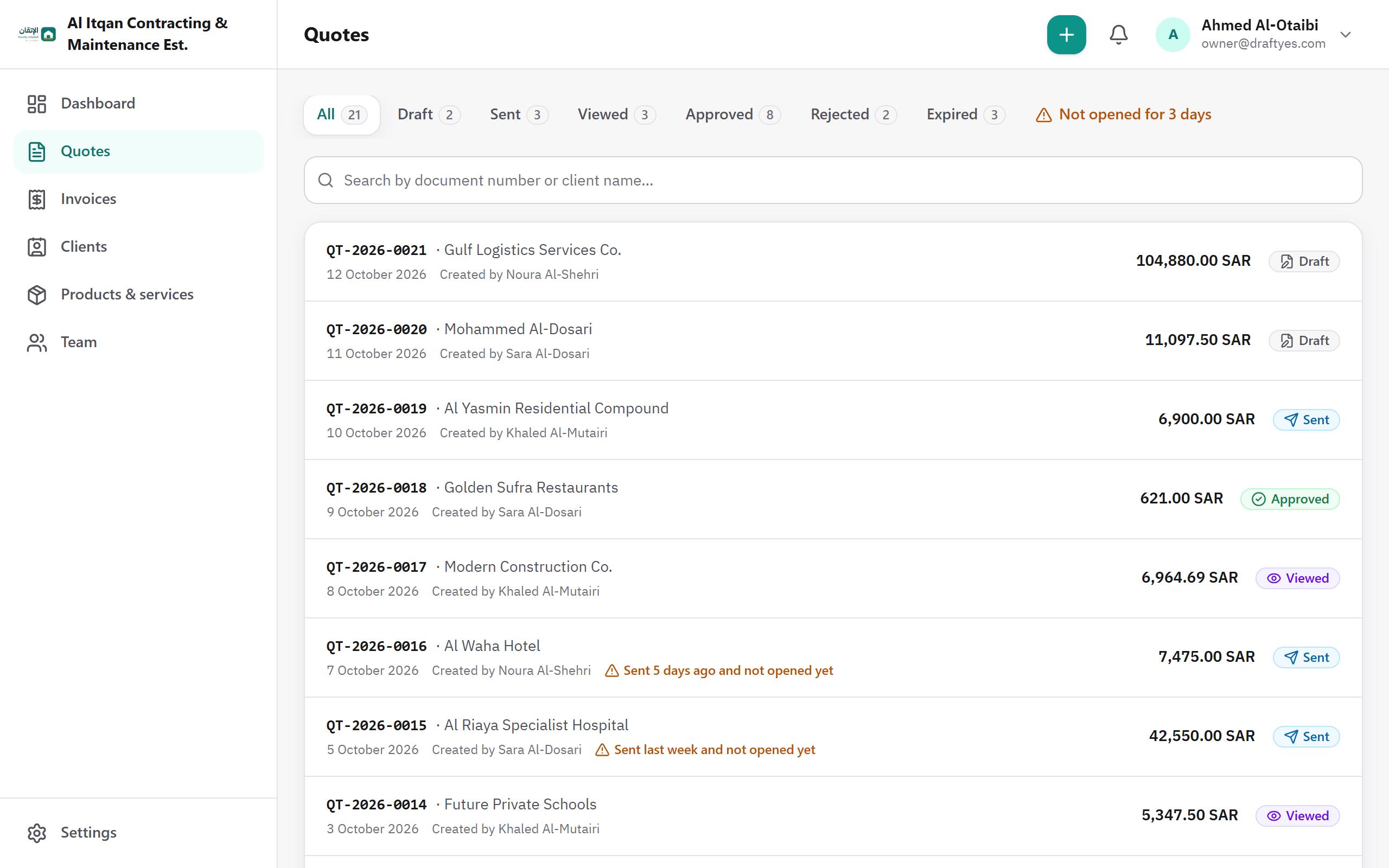 DraftYes screenshot: The list of quotes and their statuses