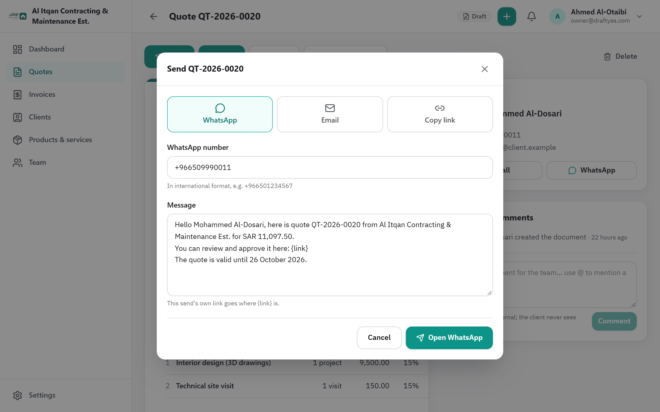 DraftYes screenshot: The send-on-WhatsApp dialog