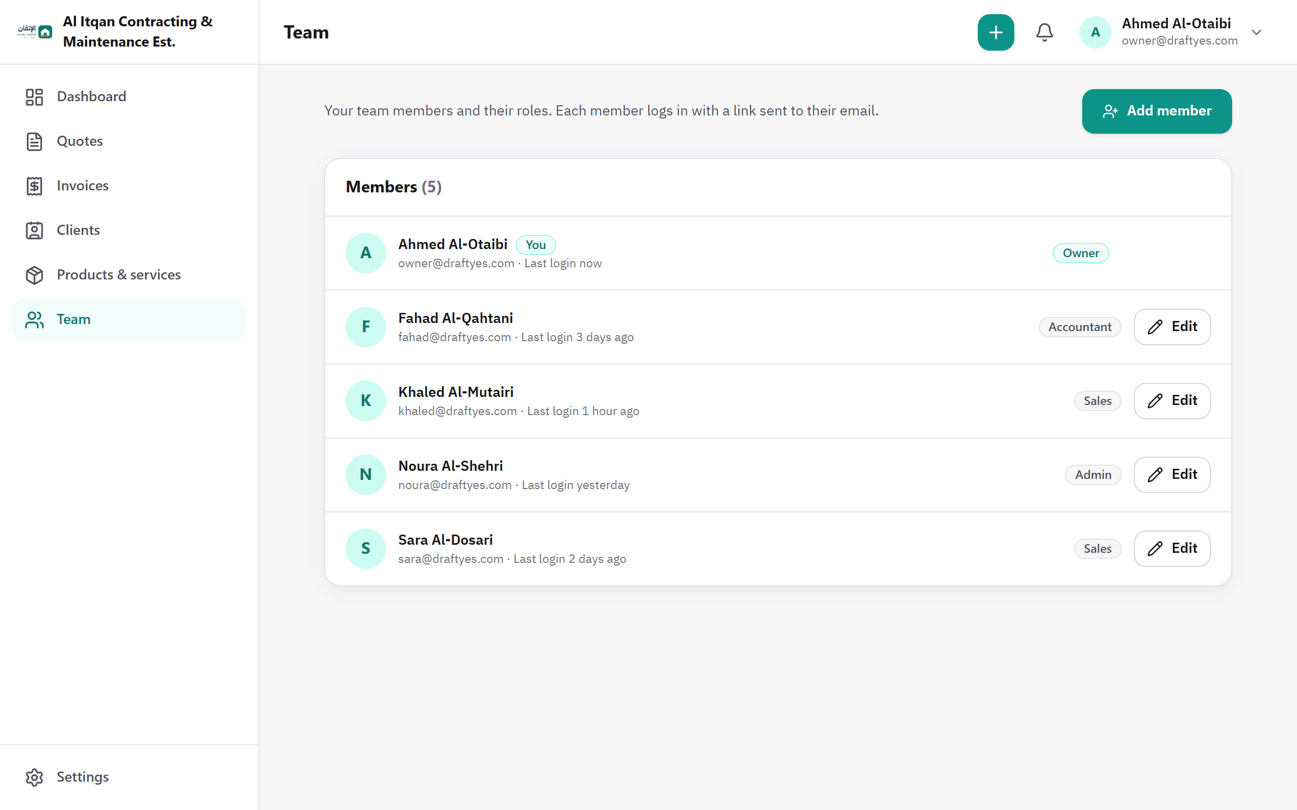DraftYes screenshot: Team and roles