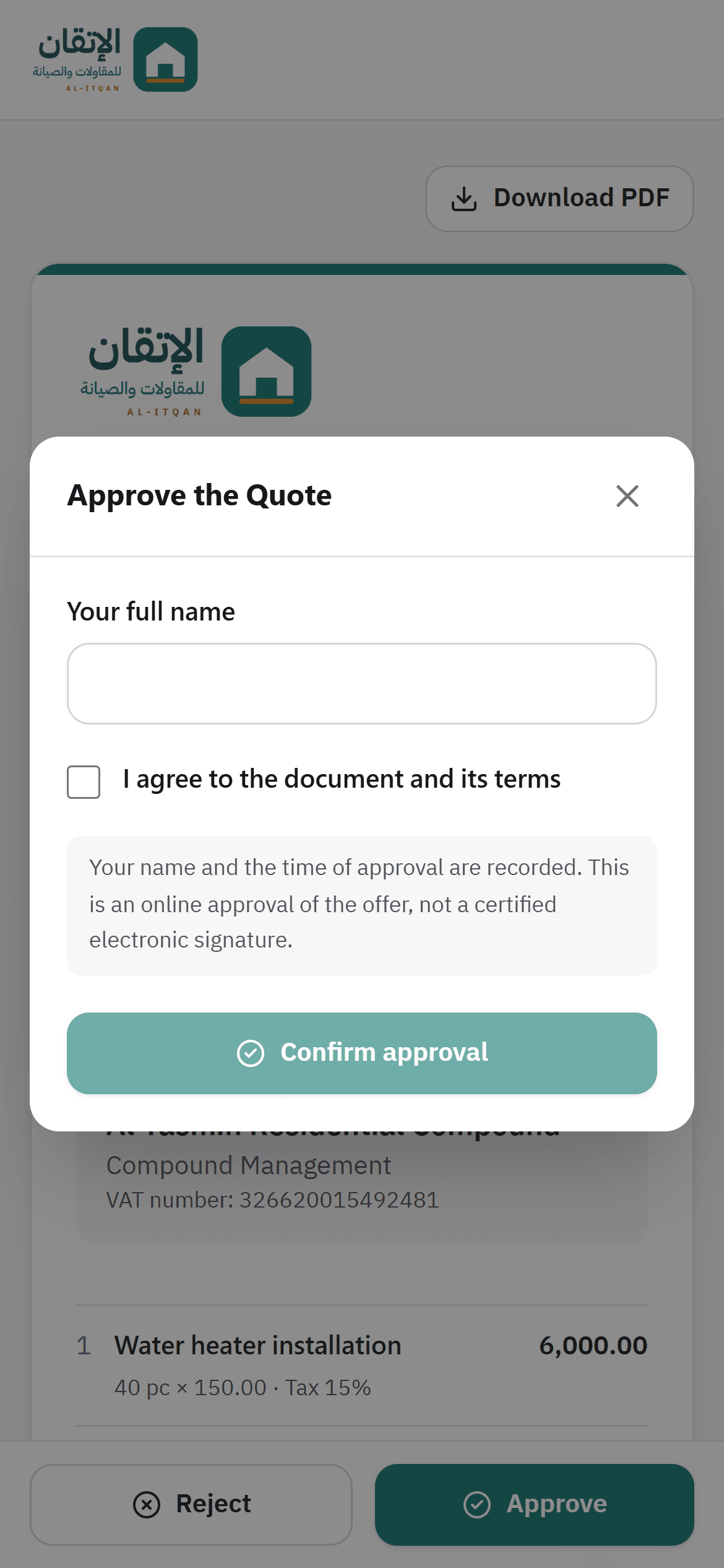 DraftYes screenshot: The client approving by name