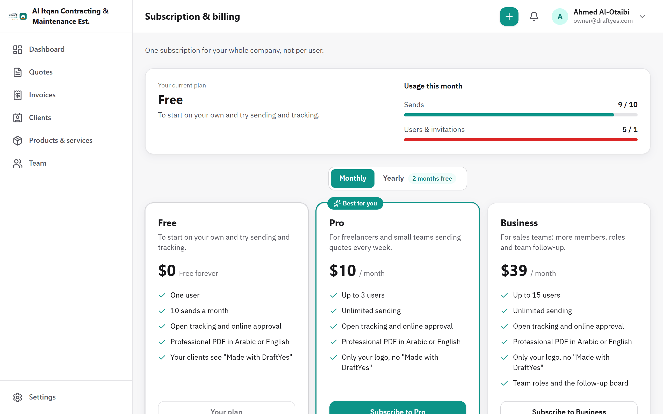 DraftYes screenshot: Plans and subscription