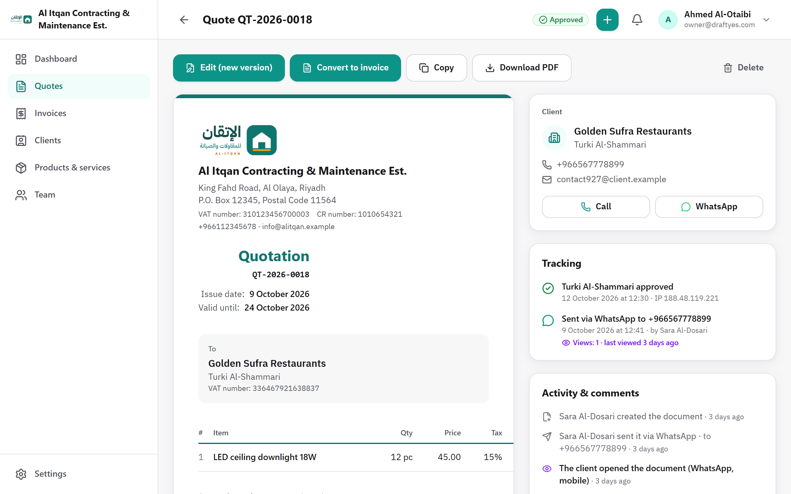 DraftYes screenshot: A quote's page: tracking and approval