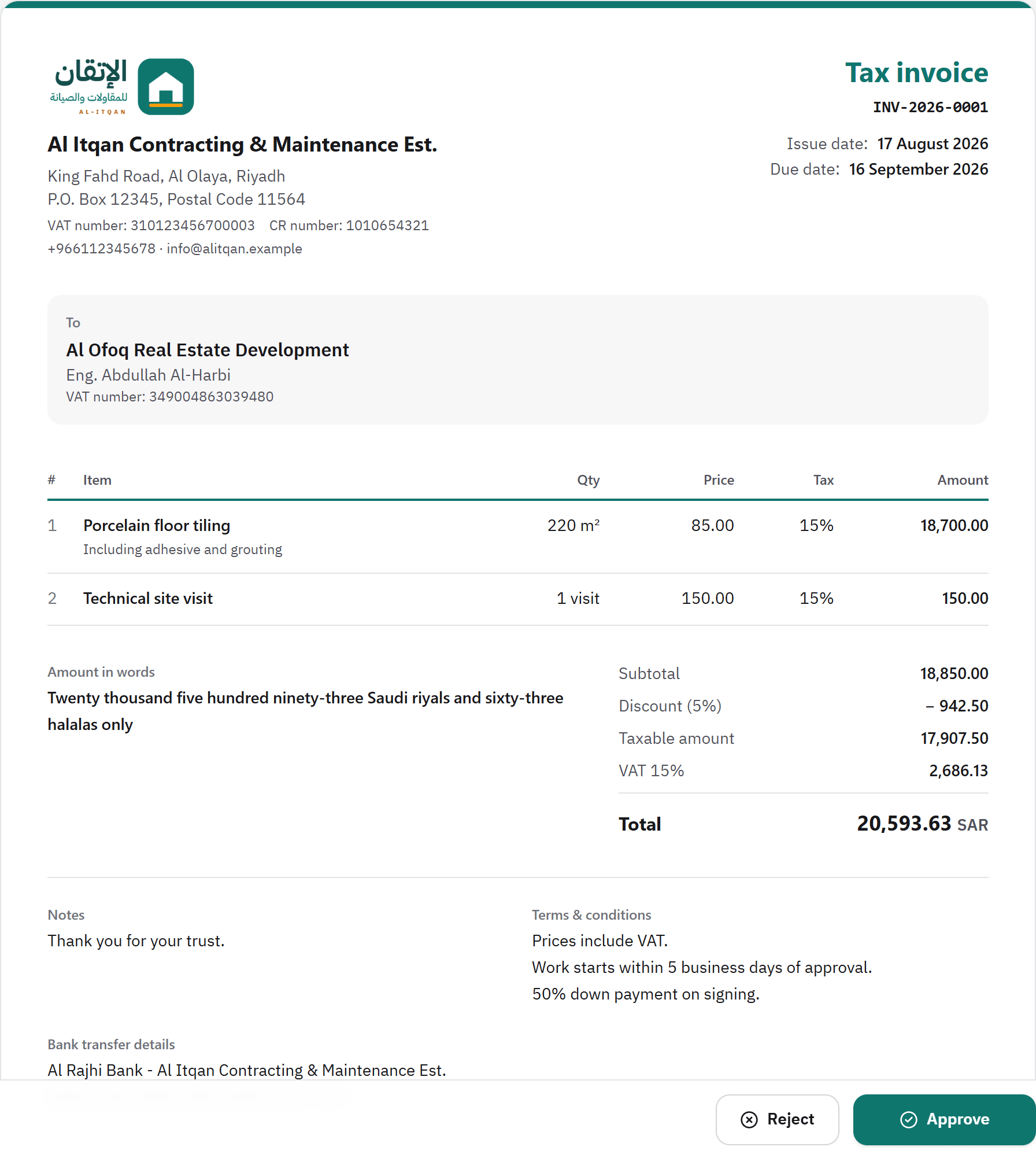 DraftYes screenshot: A tax invoice with your company logo