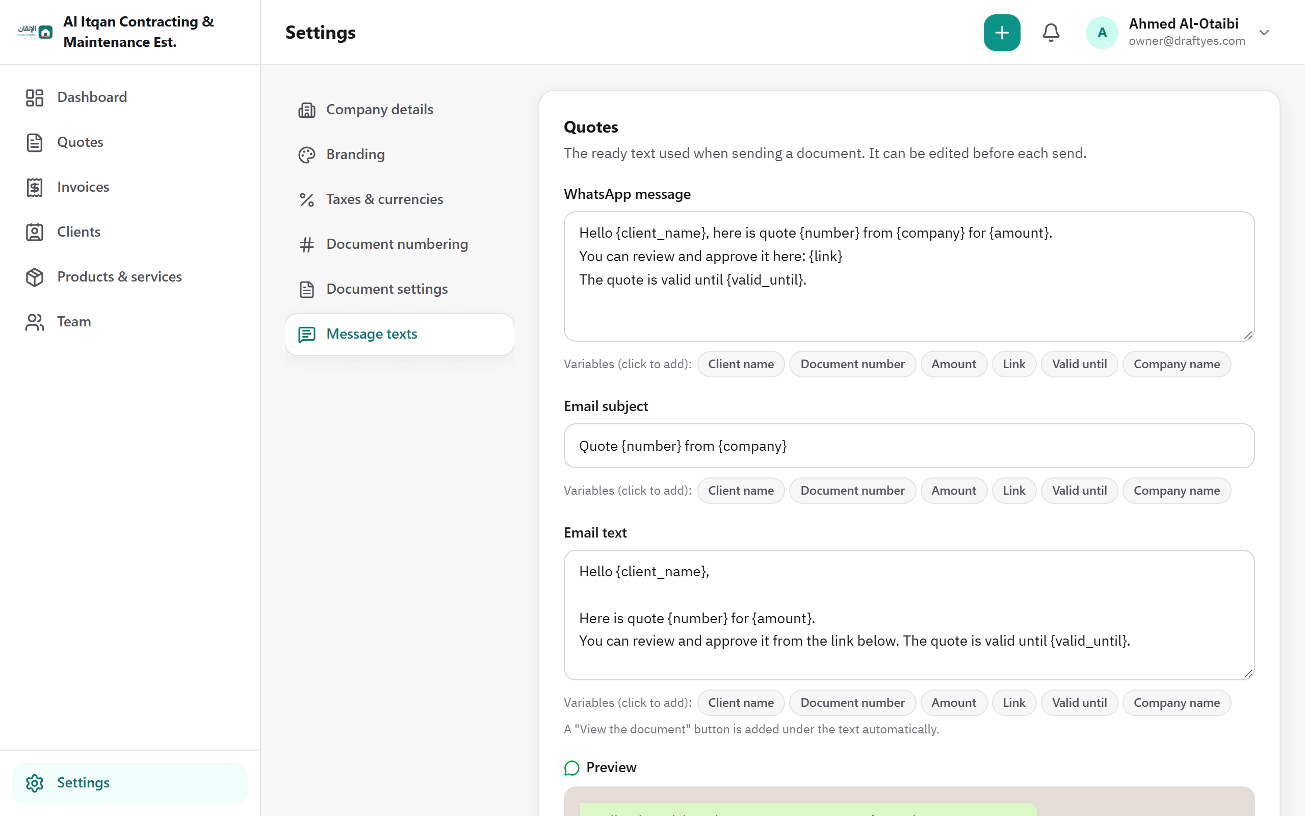 DraftYes screenshot: WhatsApp and email message templates